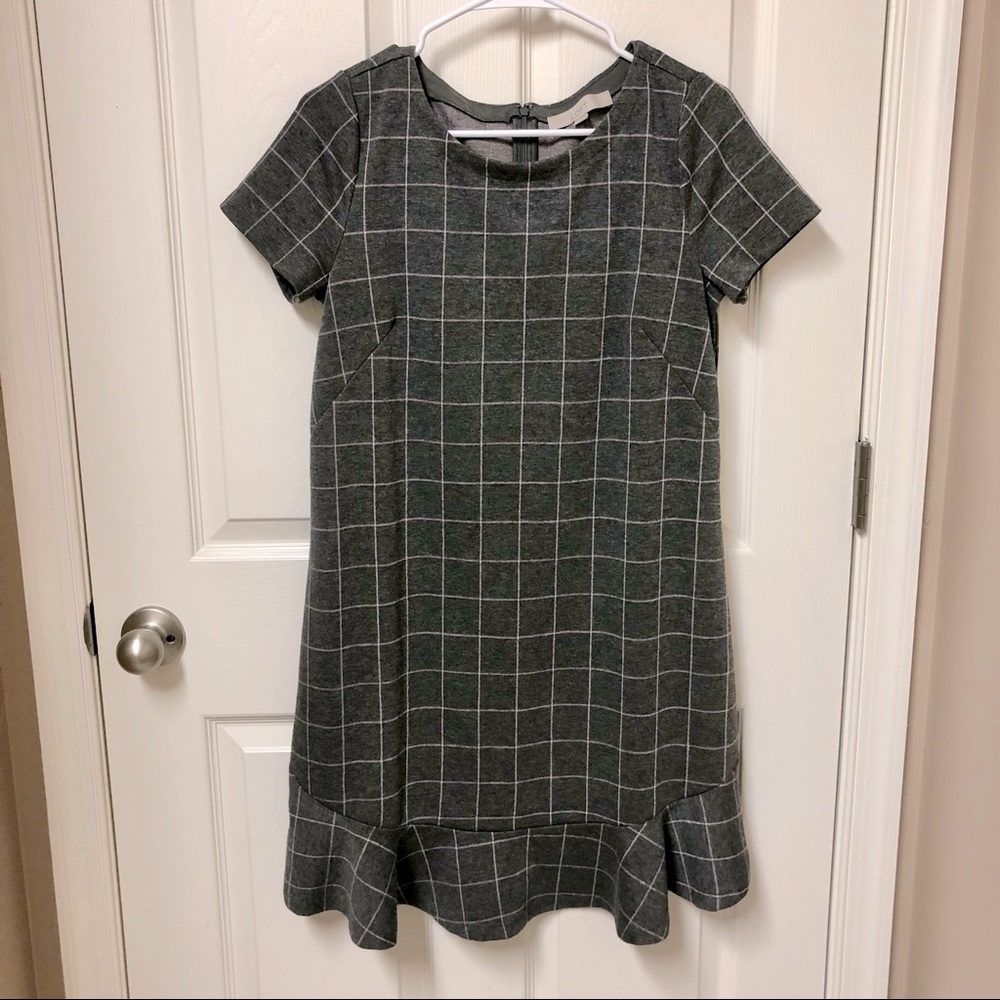LOFT Gray and Light Pink Plaid Knit Dress